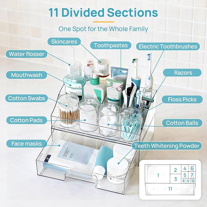 Vtopmart 6 PCS Bathroom Countertop Organizer Sets | 1 Divided Tray, 4 Qtip Holder Jars, 1 Drawers, Clear Organizers, For Toothbrush, Cotton Pads, Vanity Accessories - Image 3