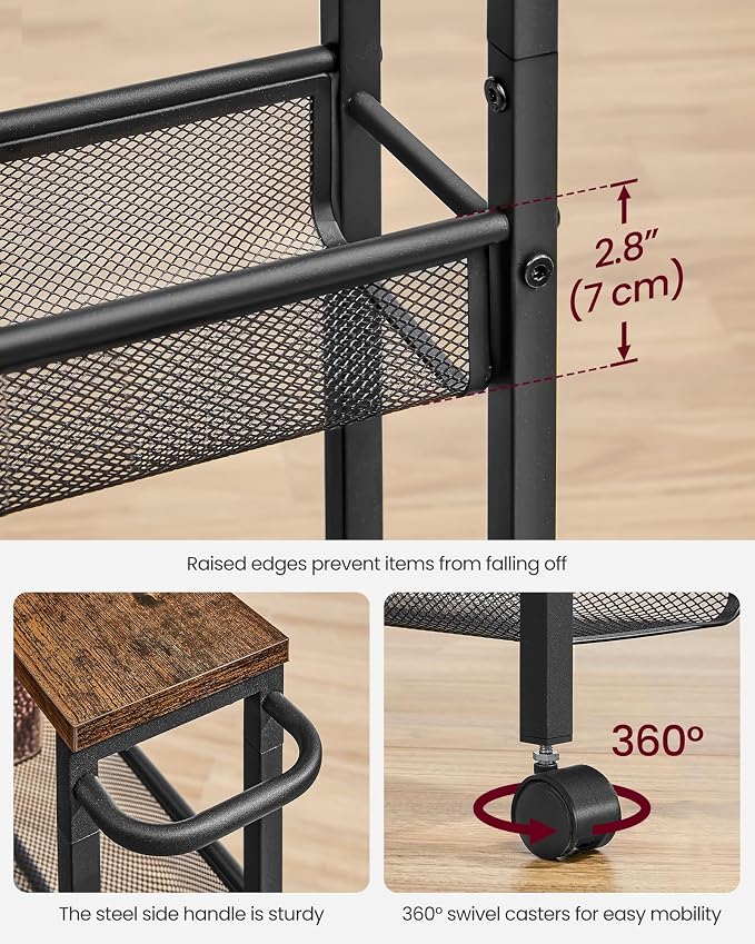 VASAGLE Slim Rolling Cart, 5-Tier Storage Cart, Narrow Carts with Handle, 5.1 Inches Deep, Metal Frame, for Kitchen, Dining Room, Living Room, Home Office, Rustic Brown and Classic Black ULRC034B01 - Image 7