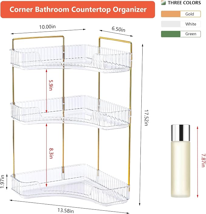 Corner Bathroom Counter Organizer Bathroom Countertop Shelf Makeup Organizer for Vanity Perfume Tray for Corner Storage (3 Tiers, White) - Image 2