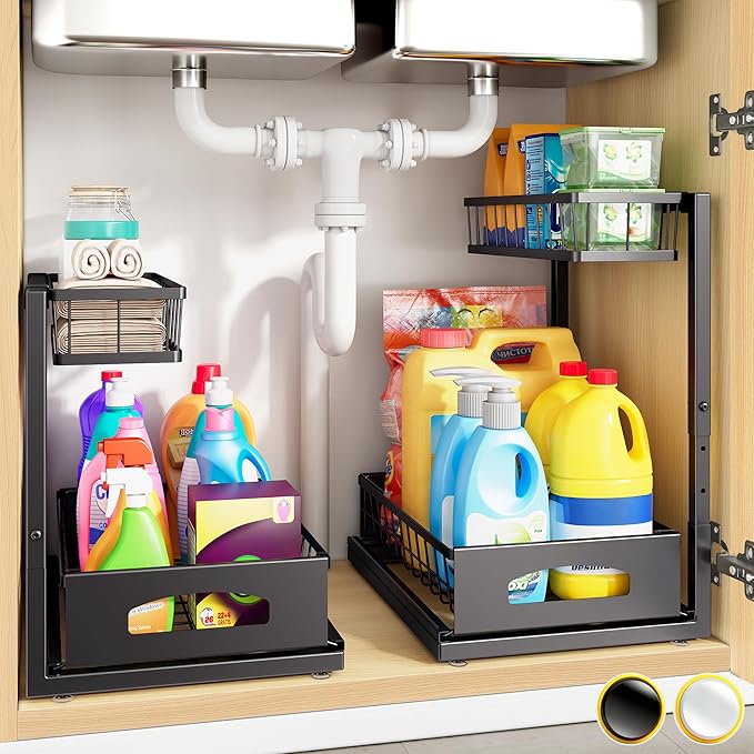 Under Sink Organizer, 2-Pack L-Shaped Metal Pull-Out Drawers for Kitchen | Cabinet Organizer Height Adjustable Heavy Duty Metal 2-Tier Storage Fits Beside Common Pipes for Bathroom Pantry by Fabutier