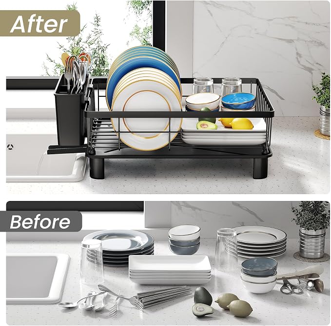SNTD Dish Drying Rack for Small Kitchen Counter, 11" W x 15" L, Black | Space Saving, Rotating Spout & Angled Drainboard for Quick Drainage, Stainless Steel, Removable Utensil Holder - Image 5