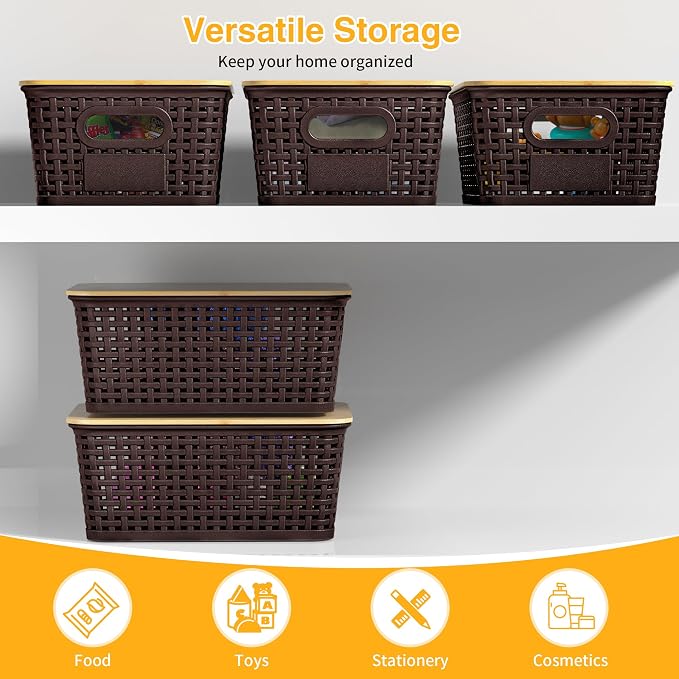 6 Pack Plastic Storage Baskets,Brown bamboo lid storage Box | Labels, Stackable, For Organizing Shelves Pantry Drawers Desktop Closets Organizing Desktop Closet Playroom Classroom - Image 6