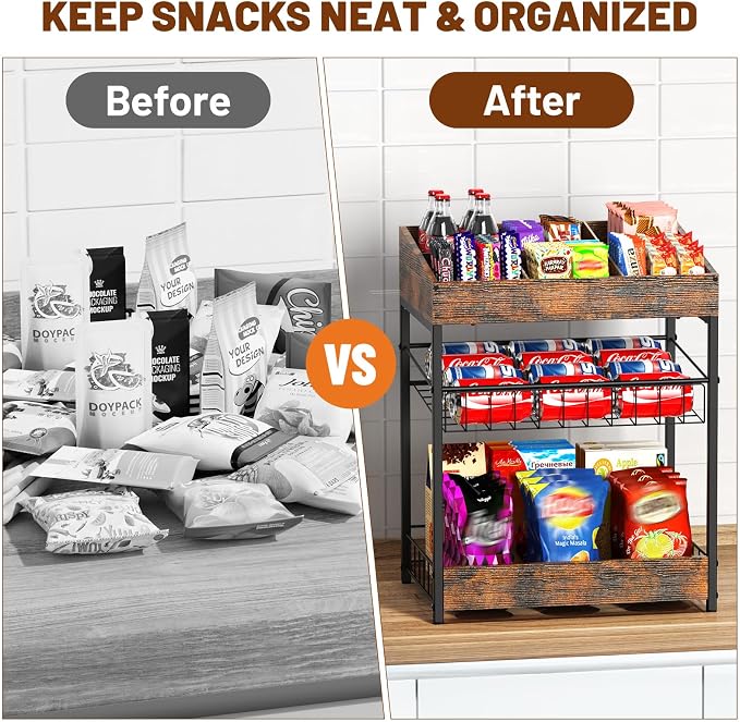 Snack Organizer for Countertop, 6 Adjustable Compartment | 3 Tier Snack Rack Display, Retail Display Shelf for Kitchen, Pantry, Counter, Office, Easy to Install, Brown - Image 3