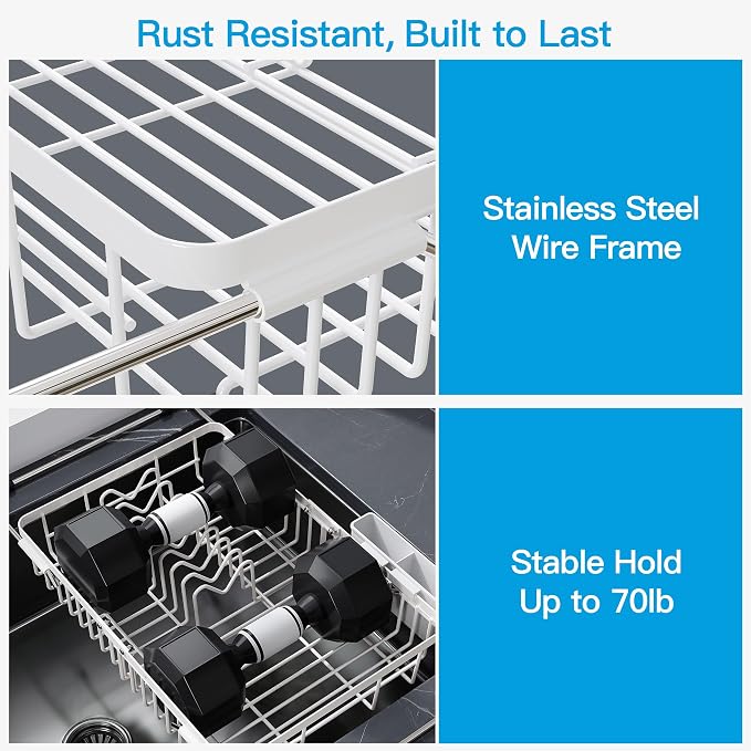 JASIWAY White Dish Drying Rack Over the Sink with Utensil Holder | Expandable Stainless Steel Dish Driainers for Small Kitchen, Counter Space Saving, Fast Drain, Rust Resistant, For Apartment - Image 5