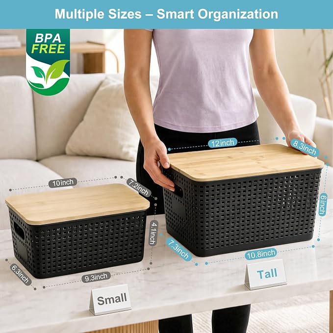 2 Pack Tall Plastic Storage Bins with Bamboo Lids, 10.8qt Stackable Storages Baskets for Organizing Desktop Closet Playroom Classroom Office, 12"L x 8.3"W x 6.1"H, Black - Image 9