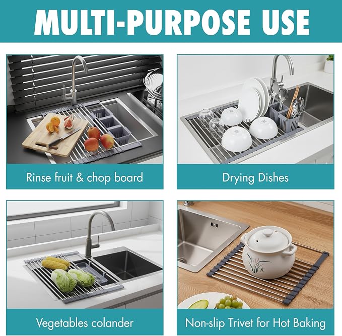 Havenity™ Expandable Roll Up Dish Drying Rack for Small Sinks - Expandable 12.8 to 22.8 Inch Over Sink Rack, Fits Apartments, RVs and Office Kitchens, Stainless Steel, 2 Baskets - Image 6