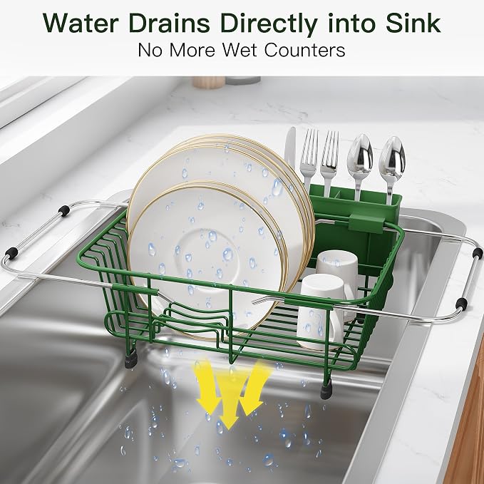 JASIWAY Green Dish Drying Rack in Sink with Utensil Holder, RV, Apartment | Over Sink Expandable Stainless Steel Dish Drainers for Compact Kitchen, Space Saving, Fast Drain, Rustproof, For 1-2 people - Image 6
