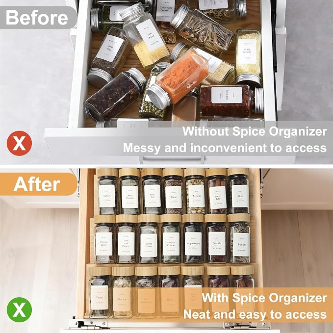 Spice Drawer Organizer with 35 Bamboo-lidded Spice Jars,216 Labels,25 Non-slip Rubber, Bamboo 4 Tier Seasoning Rack Tray Insert for Kitchen Drawers,Cabinets,Countertop,14.6" Wide x 15.8" Deep - Image 6