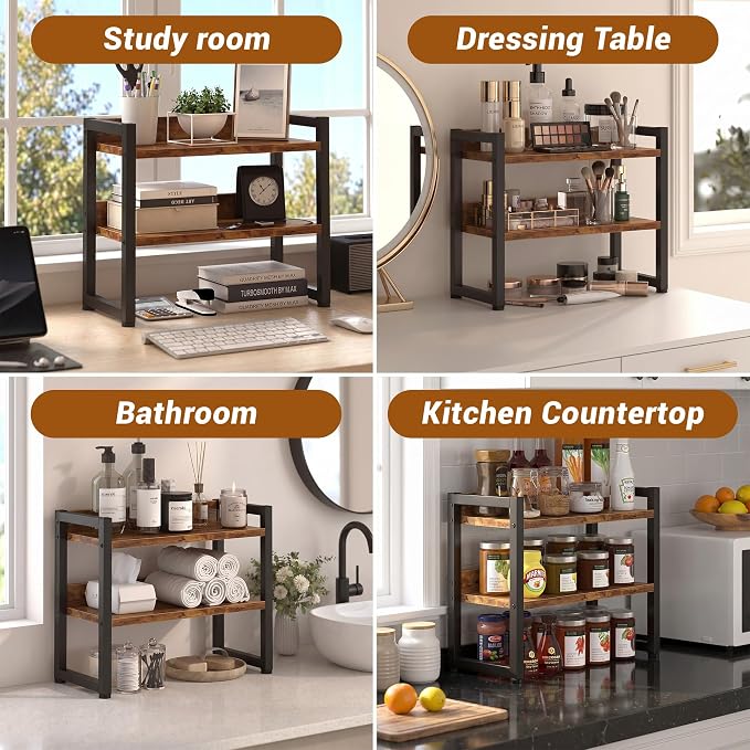 Kitchen Countertop Organizer Shelf, 3 Tier Spice Rack Wood Coffee Counter Shelf Kitchen Cabinet Organizer with Metal Leg for Countertop, Pantry, Bathroom Countertop Organizer, Rustic Brown - Image 5