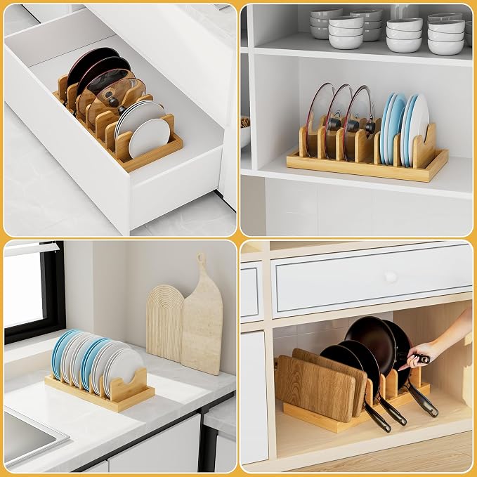 Bamboo Pot Lid Organizer Pot Lid Holder, Pot and Pan Organizer Drawer Organizer for Pot Lids, Pans, Cutting Boards & Baking Sheets, Dinner Plates, Reusable Containers in Cabinet Storage - Image 4