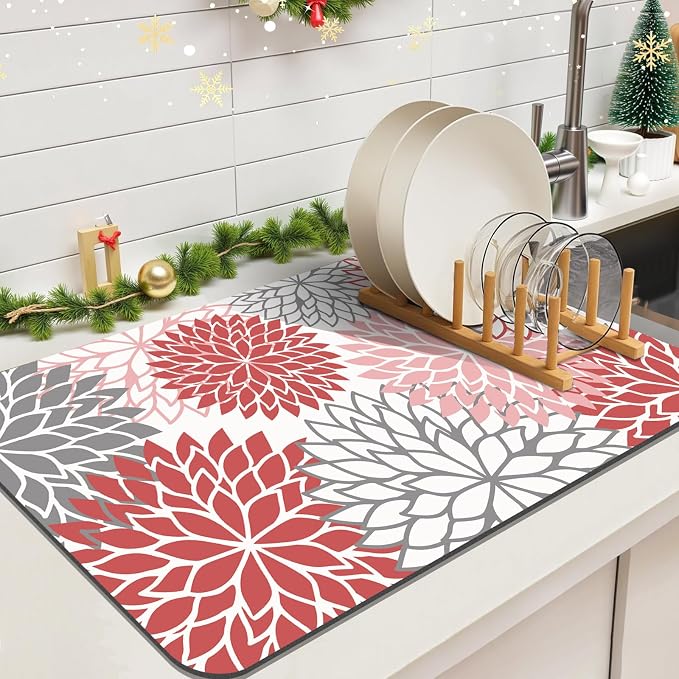 Findosom 2PCS 16" x 24" Christmas Dish Drying Mat & 24" x 5.5" Sink Splash Guard, Super Absorbent & Cuttable Dish Mat Drying Kitchen Mat with Red Floral, Hide Stain Drying Mat for Kitchen Counter - Image 7