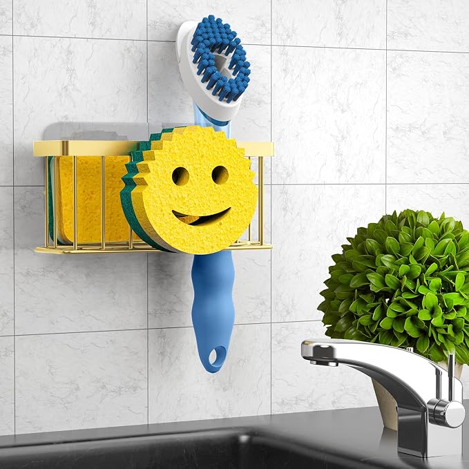 MURLONG Sponge Holder Smiley Face, Sink Caddy for Kitchen Sink, Sink Organizer Sponge Holder with 2 PCS Suction Cups/1 PCS Adhesive Strips, Designed for Sponge, Soap, Dish Brush, Scrubber-Gold - Image 6