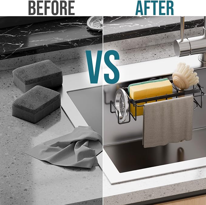 TAILI 4-in-1 Sponge Holder for Kitchen Sink with Strong Suction Cup-Black | Removable Rustproof 304 Stainless Steel Multi-compartment Sponge Holder with Suction Cup, Keeps Brushes & Scrubbers Tidy - Image 4