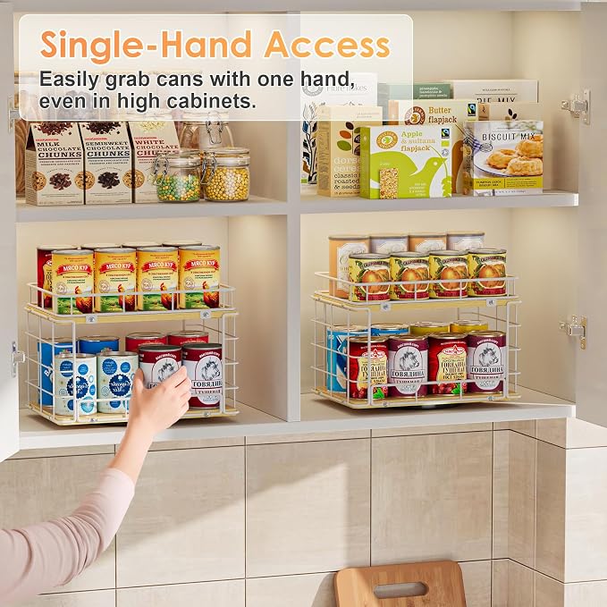 360° Rotating Lazy Susan Can Organizer for Pantry, Holds 26 Cans, White | 2-Tier Metal Wire & Wood Turntable Can Rack Holder, Storage for Canned Goods, Kitchen Pantry Cabinets & Countertops - Image 6