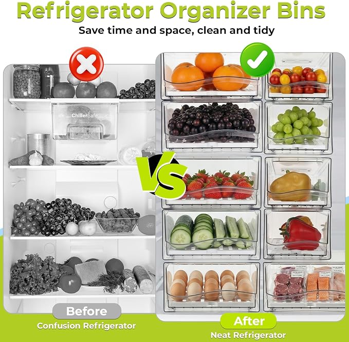 4Pack Fridge Organizer, Stackable Refrigerator Organizer Bins | Reusable Food Storage Containers, BPA-Free with Drain Tray for Kitchen, Refrigerator, Pantry (4 Drawers, Large, Medium) - Image 6