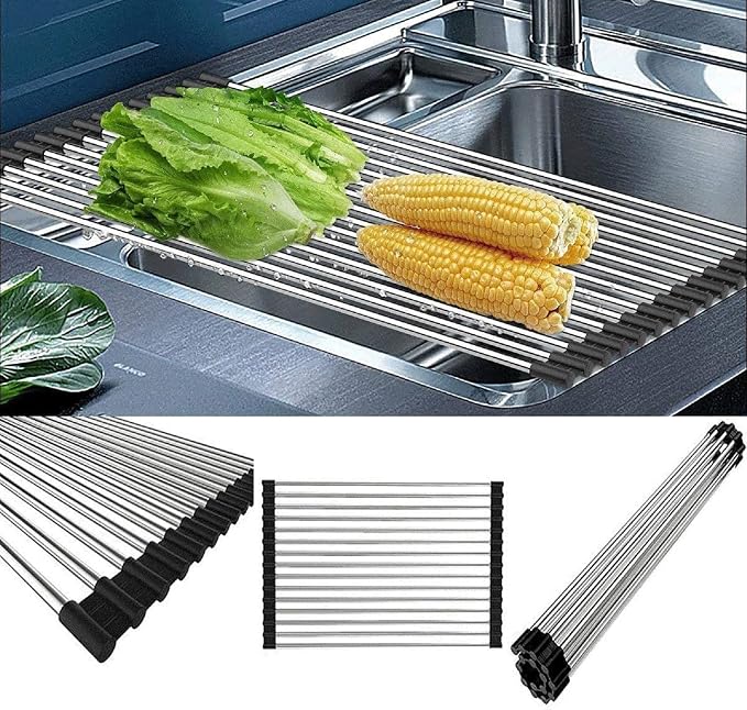 Roll up Dish Drying Rack Over The Sink Portable Stainless Still Rolling Rack Folding Mat for Kitchen Counter (Black, 17.7''LX11.8''W) - Image 3