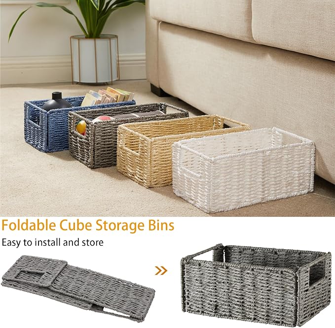 Wicker Storage Basket, Set of 2 Hand-Woven Paper Rope Wicker Basket, Small Storage Baskets for Organizing Toilet Paper Basket, Foldable Large Cube Storage Organizer Bins for Shelves (White) - Image 6