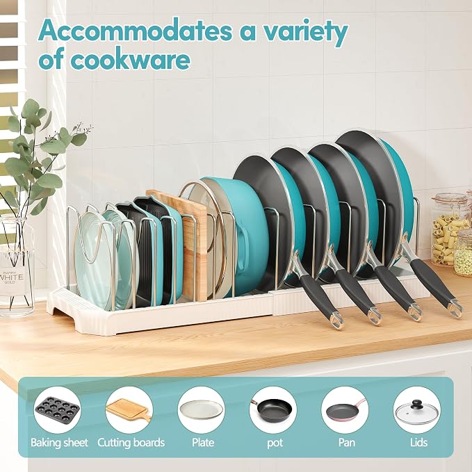 Expandable Pan Organizers Inside Cabinet with 12 Dividers White | Extends 12.9-21.9", Holds cookie sheets, cutting boards, pot lids and pans, iron dividers, plastic base, under cabinet rack - Image 4
