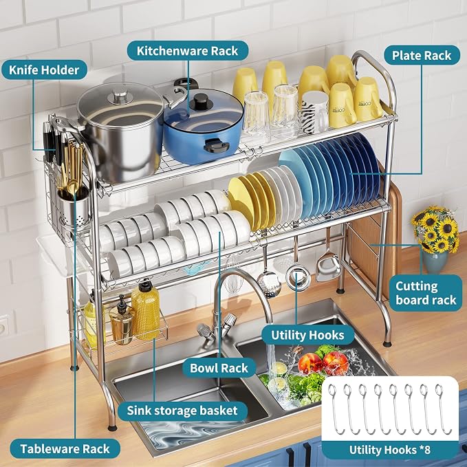 HOWDIA Stainless Steel 2-Tier Over The Sink Dish Drying Rack with Utensil Holder, Large, for Kitchen Counter | Stainless Steel, Cutlery Holder & Chopping Board Rack, for Kitchen Counter - Image 5