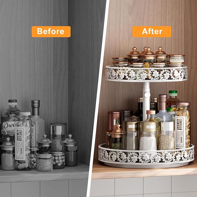 2 Tier Lazy Susan Organizer Turntable, 12 Inch, White | Adjustable, Easy Assembly & Cleaning, Two Tier Rotating Lazy Susan Spice Rack, For Cabinet Dining Table Kitchen Countertop - Image 5