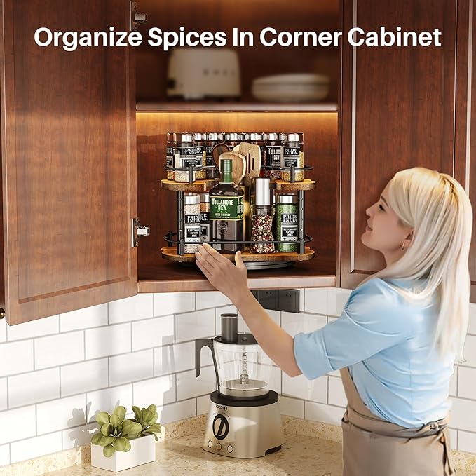 SNTD Lazy Susan Spice Rack Organizer for Cabinet, Wood, Vintage, 12 in | Rotating Turntable, Height Adjustable, Space-Saving D-Shape Design, Revolving Spice Storage for Kitchen Countertop Pantry - Image 2