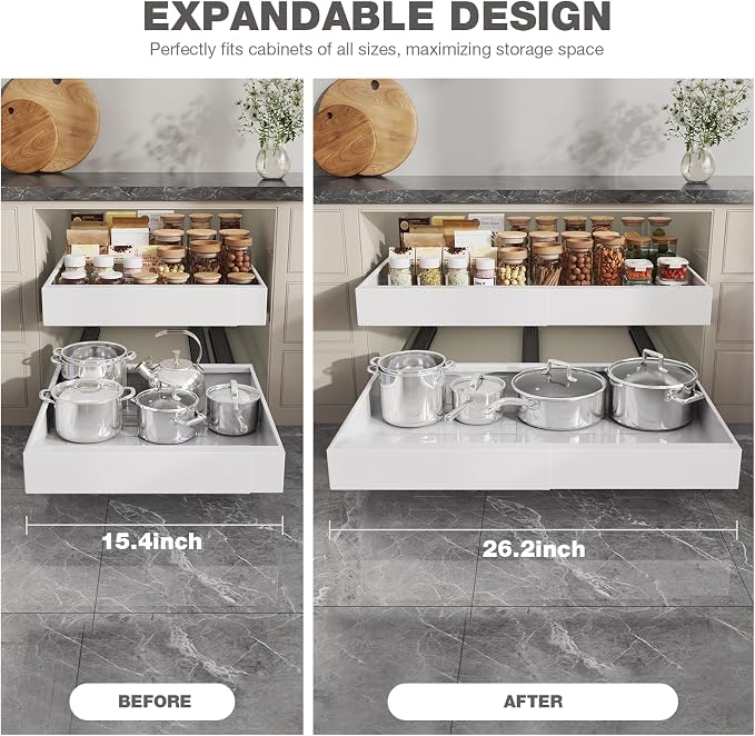 Seinloes 2 Pack Pull Out Cabinet Organizer 18" Deep,Full Extension 3 Slide Rails Slide Out Drawers With Raising Pad for Framed Cabinets,Expandable Width (15.4"-26.2"),No Drill Roll Out shelf,White - Image 7