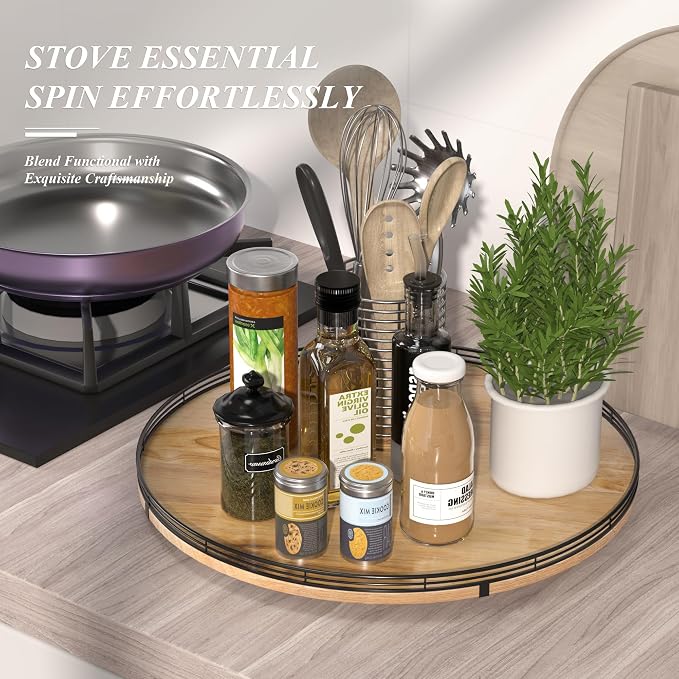 AMH 21-Inch Extra Large Farmhouse Oak Lazy Susan Organizer | Smooth rotating oak tray with walnut finish for dining tables, kitchen counters, pantries and cabinet storage. - Image 2