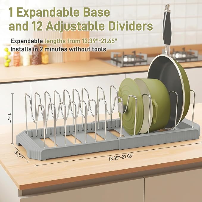 Expandable Pan Organizers Inside Cabinet with 12 Dividers Grey | Extends 12.9-21.9", Holds cookie sheets, cutting boards, pot lids and pans, iron dividers, plastic base, under cabinet rack - Image 3