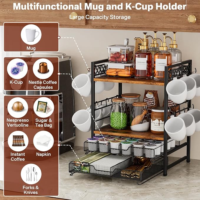 Plaviya Coffee Bar Organizer Coffee Station K Cup Holder for Countertop | 30 Coffee Pods Organizer, Mug Holder with 12 Hooks, 2 Drawers, Multifunctional, Kitchen, Dining Room, Office, Rustic Brown - Image 2