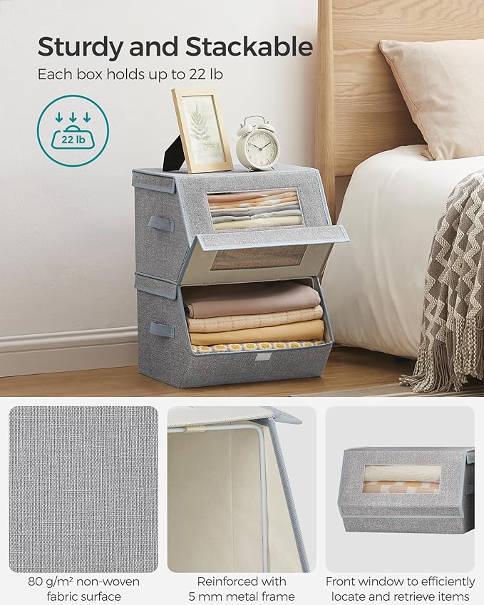 SONGMICS Stackable Storage Bins, Set of 2, with Lids and Front Windows | Closet Organizers, Linen-Look Non-Woven Fabric, Magnetic Closures, Side Handles, Gray, TINA Collection URLB002W01 - Image 3