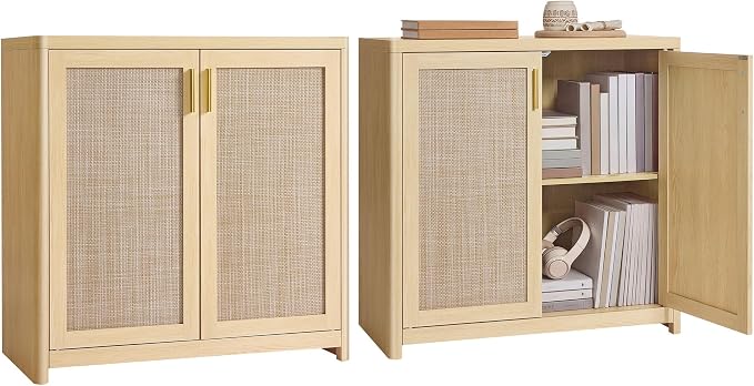 VASAGLE ELLAN Collection - Boho Buffet Cabinets with Rattan-Look Doors, Sideboard Storage Cabinet, Rounded Corners, Adjustable Shelf, for Kitchen Dining Room, Set of 2, Oak Beige UBBK345YC01-2J by Unknown