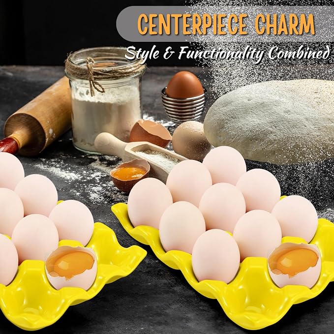 Flexzion 12 Cups Ceramic Egg Holder for Fridge - Dozen Ceramic Egg Tray Porcelain Container Storage Organizer Decorative Serving Stand Serveware for Refrigerator Countertop Display (Yellow, 2 Pack) - Image 6
