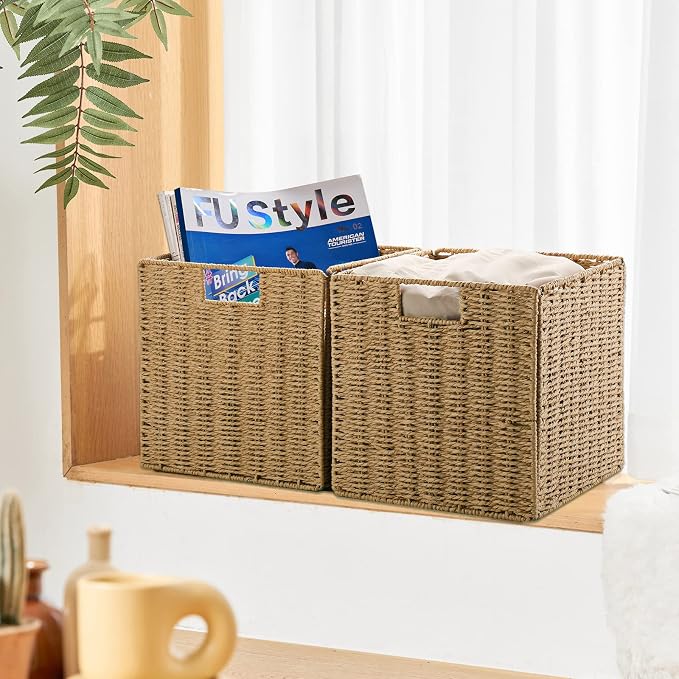 Wicker Baskets, Set of 2 Hand-Woven Storage Baskets for Shelves with Handles, Foldable Cube Wicker Storage Basket Bins Organizer 13 Inches Large Woven Baskets for Storage Organizing & Decor - Image 4
