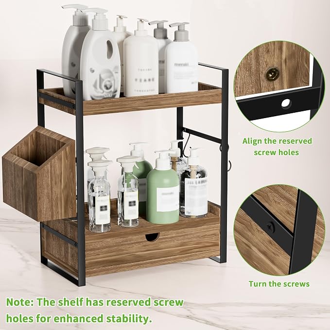 2-Tier Bathroom Counter Organizer, Wooden Vanity Shelf with Drawer & Basket | Pre-Drilled Holes, Skincare & Makeup Countertop Organizer and storage, Dark Brown - Image 5
