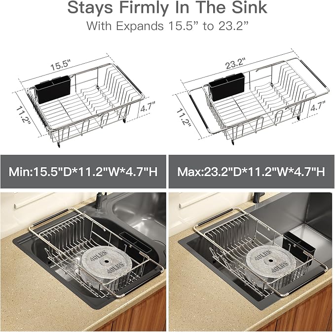 Dish Drying Rack Over The Sink with Adjustable Utensil Holder | Expandable Stainless Steel Dish Drainer for Small Kitchen, Apartment, RV, Counter Space Saving, Perfect Fit, Rustproof - Image 3