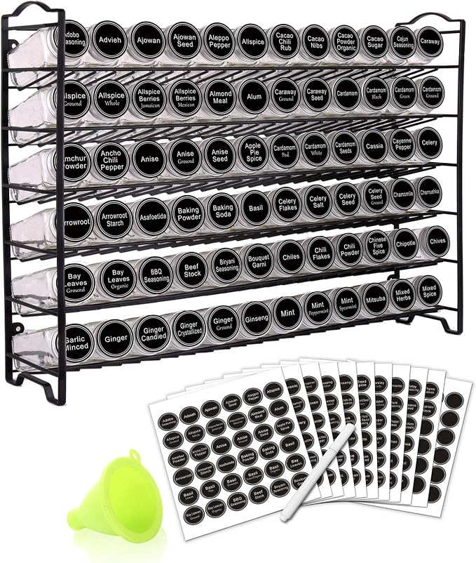 SWOMMOLY Spice Rack Organizer with 72 Spice Jars 4 oz, 396 Spice Labels | Chalk Marker, Funnel Set, Spice Organizer for Countertop, Pantry, Cabinet, Cupboard & Wall Mount, 22.2" W × 16.5" H, Black by SWOMMOLY