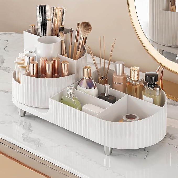 Booklov Rotating Makeup Organizer for Vanity Countertop, White | Plastic Cosmetic Display Case, Large Beauty Brush Holder for Bathroom Counter, Skin Care Perfumes Storage by Booklov