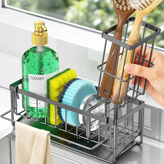 Sponge Holder for Kitchen Sink, Kitchen Sink Caddy, Kitchen Sink Sponge Holder, Dish Sponge Holder, Kitchen Sink Organizer for Sponge, Dish Brush, Scrubber(9.65" x 3.74" x 6.3", Dark gray) - Image 7