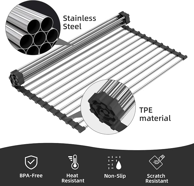 Dish Drying Rack, Roll Up Dish Drying Rack Over the Sink, 17" x 15.7", Dish Racks for Kitchen Counter, Black - Image 7