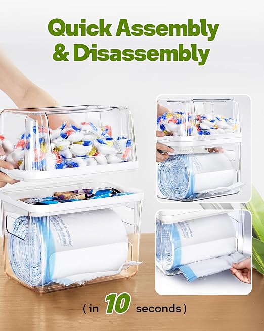 Kaen 3 in 1 Trash Bag Dispenser Under Sink Dishwasher Pod Organizer | Large Stackable Trash Bag Holder Garbage Bag Dispenser for 13/30/33 Gallon Bags, Clear Storage Bins Laundry Pods Container - Image 6
