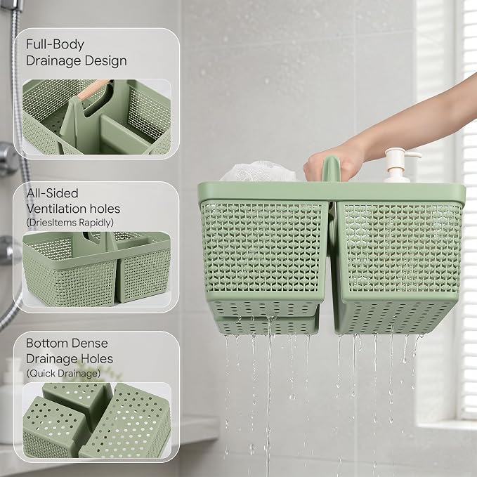 UUJOLY Portable Plastic Shower Caddy Basket with Wooden Handle, Green | Divided Storage Organizer Tote for Bathroom, Dorm, College, Kitchen & RV – Lightweight, Easy-Carry Essentials Caddy - Image 3