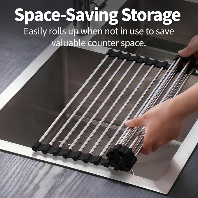 Roll Up Dish Drying Rack for Over Sink - 17.5"x15.7" Foldable Stainless Steel Kitchen Drainer, Black - Image 4