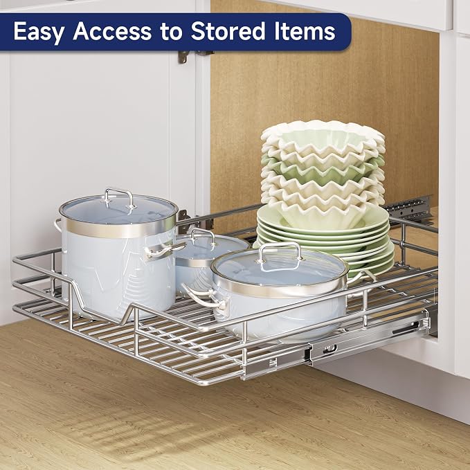 Pull Out Cabinet Organizer, 25.5" W x 21.5" D, Heavy Duty Chrome Slide Out Shelf for Wide Base Cabinets, Sliding Wire Basket Drawer for Pots, Pans, Appliances & Pantry Storage - Image 6