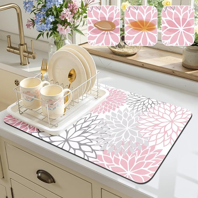 Findosom Dish Drying Mat, 12" x 20" Super Absorbent Dish Mat with Floral, Hide Stain Drying Mat for Kitchen Counter, Under Dish Rack, Coffee Maker, Espresso Machine, Pink by Findosom