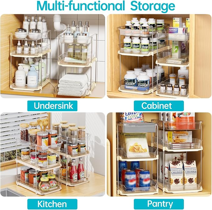 Delamu 2 Pack 3-Tier Bathroom Under Sink Organizers and Storage, Multi-Purpose Stackable Pantry Organization and Storage, Pull Out Clear Kitchen Bathroom Cabinet Organizer with Movable Dividers, Beige - Image 6