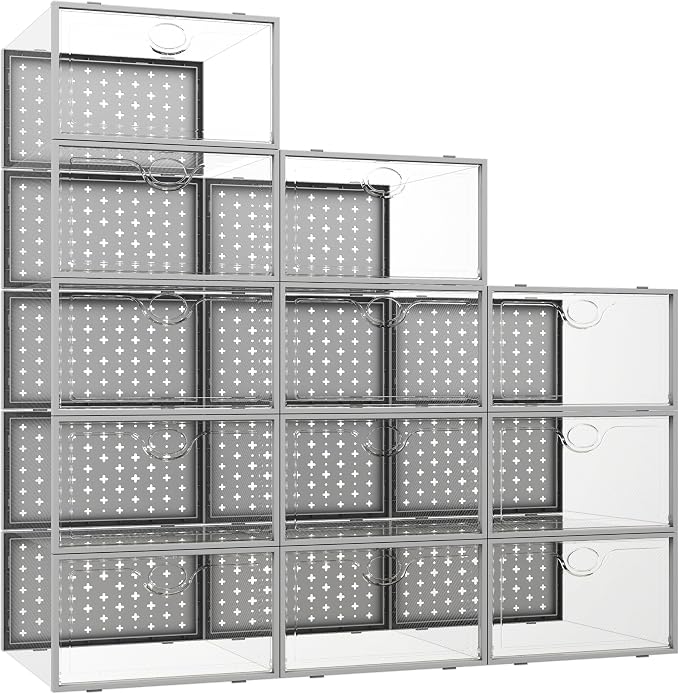 12 Pack X-Large Shoe Storage Boxes, Shoe Organizer Clear Stackable | Fit US Size 11, 6.2” Height, Shoe Dispaly Case Holder Bins Sneaker Storage for Sneakerheads, For Home and Family, Grey by Pinkpum