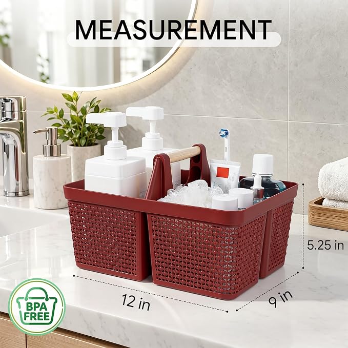 UUJOLY Portable Plastic Shower Caddy Basket with Wooden Handle, Red | Divided Storage Organizer Tote for Bathroom, Dorm, College, Kitchen & RV – Lightweight, Easy-Carry Essentials Caddy - Image 6