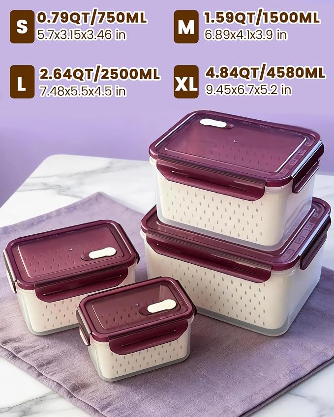 TBMax 8 Pieces Airtight Fruit Storage Containers for Fridge with Air Circulation Vent, 4 Pack Produce Saver with Colander for Berry Lettuce Salad Vegetable Storage, Refrigerator Organizers -Purple - Image 2
