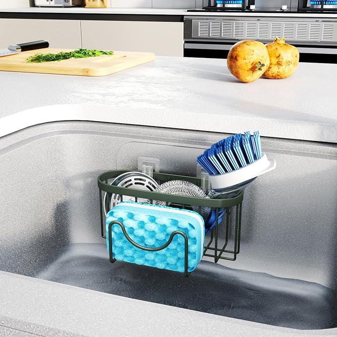 HapiRm Sponge Holder for Kitchen Sink - Sink Caddy with Unique M-Shaped, 2 Installation Methods Kitchen Organizer, Rustproof Stainless Steel Sponge Caddy - Green - Image 6