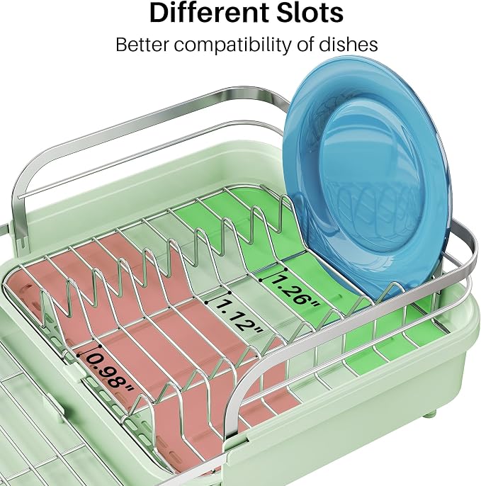 SNTD Expandable Dish Drying Rack for Kitchen Counter, 15.2-22.1 in, Green | Rust-Resistant Stainless Steel, Protective Side Rails, Self-Draining Drainboard, Removable Utensil Holder - Image 6